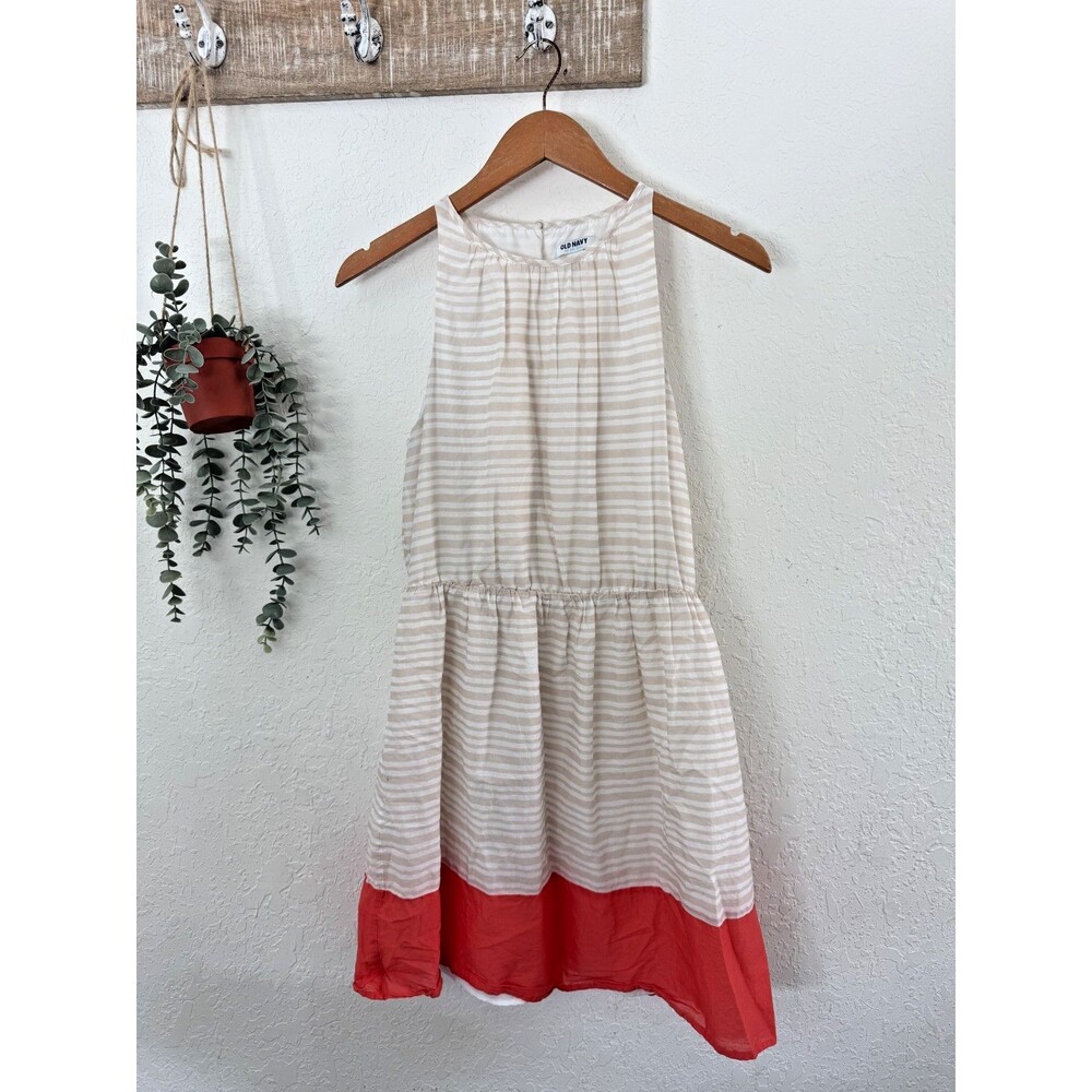 Old Navy Beige Stripe Sleevless Tiered Shift Dress Coral Hem Women's M